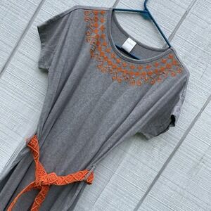 Vintage Blair Grey Orange Embroidered With Belt Long Maxi Dress Shortsleeved S